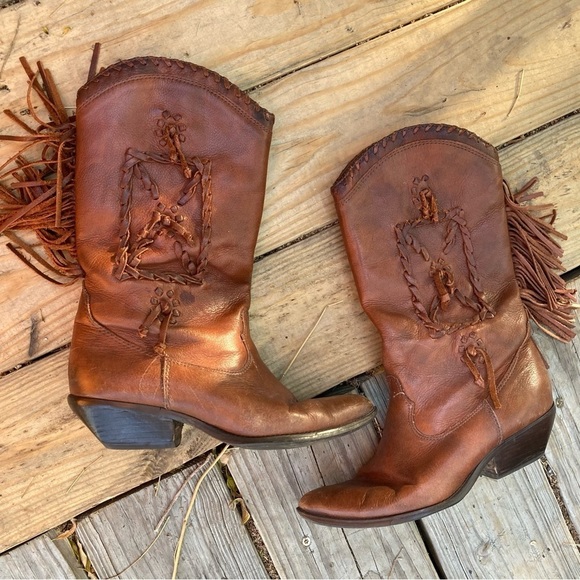Zodiac Shoes - Vintage Leather Fringe Cowboy Boots 80s Brown Fringe Cowgirl 8.5